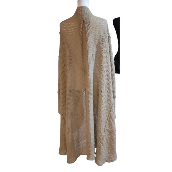 Boho Knit Maxi Cardigan Women’s Beige Duster Sweater L Festival Layering Chic - Picture 5 of 15